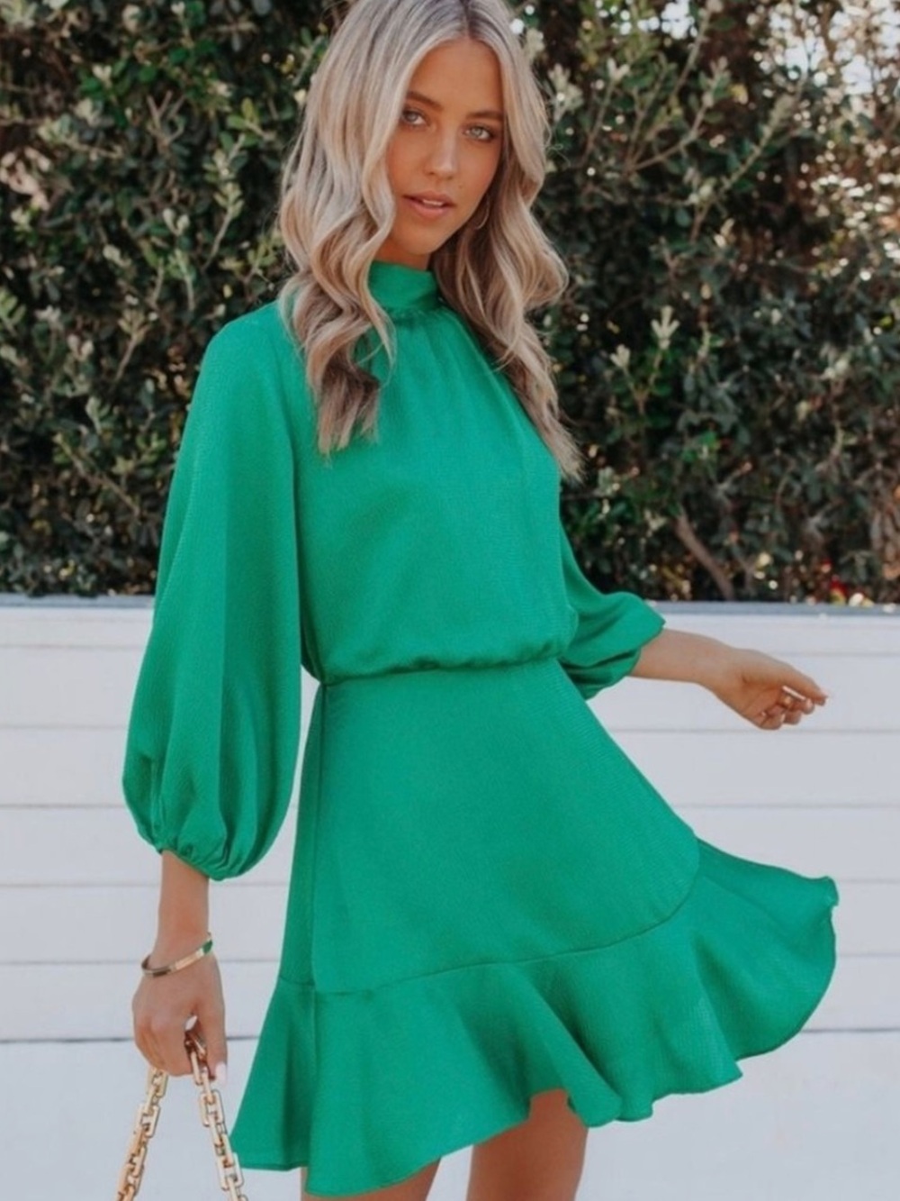 NWT. VICI Green Long-Sleeve Ruffle Hem Mini Dress